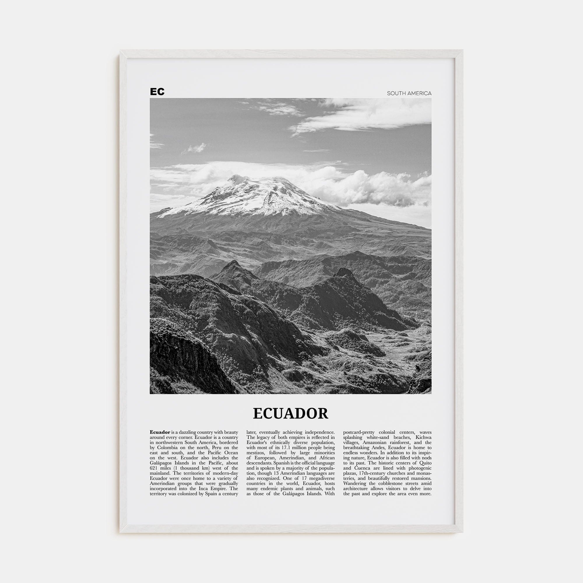 Ecuador No 2 Poster White Wood / 8x12 in Nbourhood Travel B&W Poster