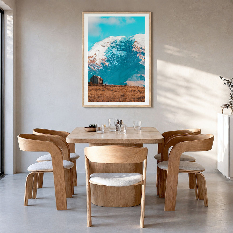 Ecuador Photo No 1 Poster in a natural wood frame, hanging in a dining room, white border