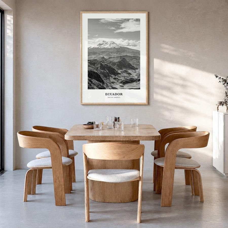 Ecuador Classic No 1 Poster in a natural wood frame, hanging in a dining room