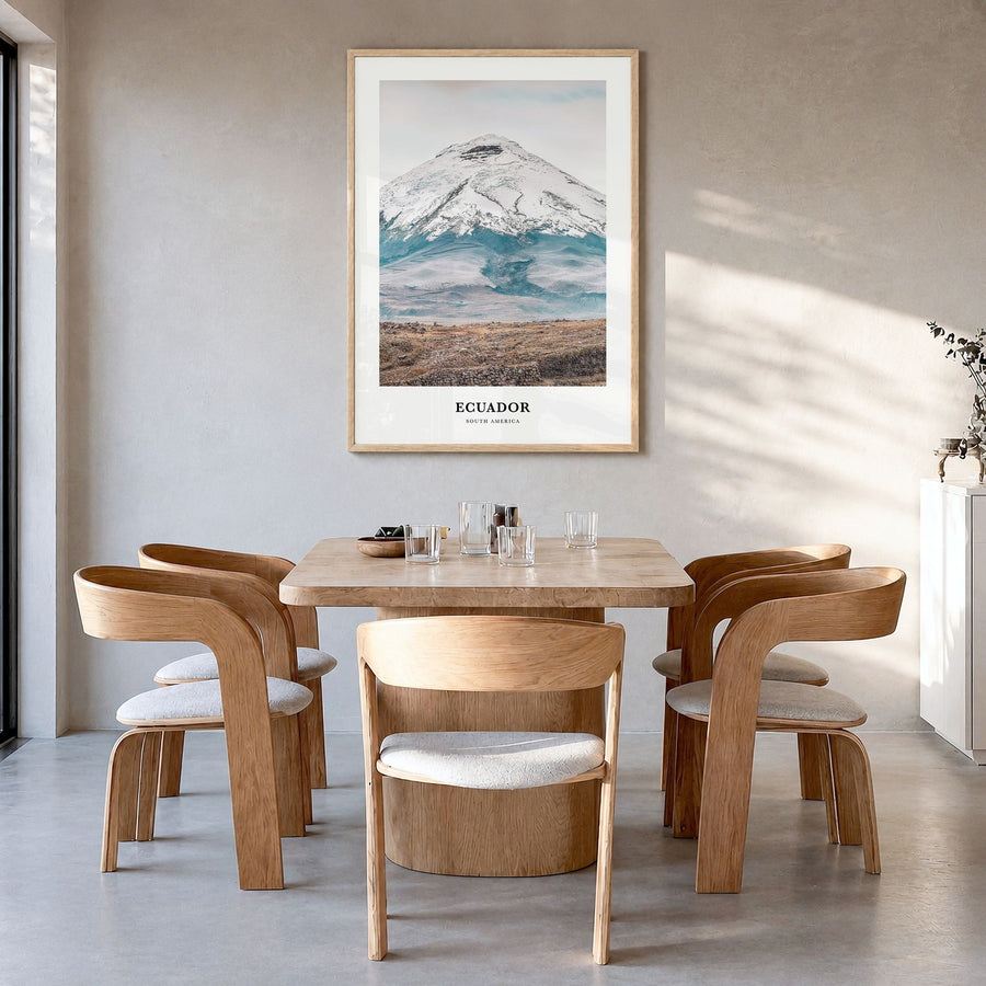 Ecuador Classic Poster in a natural wood frame, hanging in a dining room