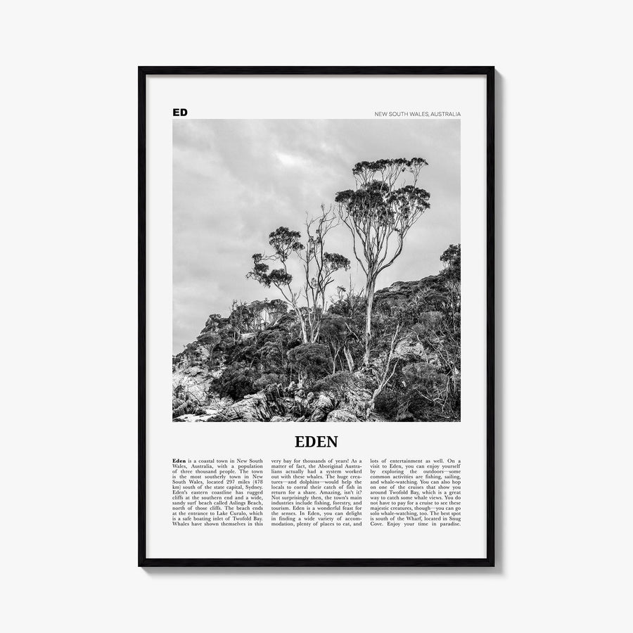 Eden black & white newspaper poster of North Carolina, USA – vertical wall art, unframed print shown in interior mockup