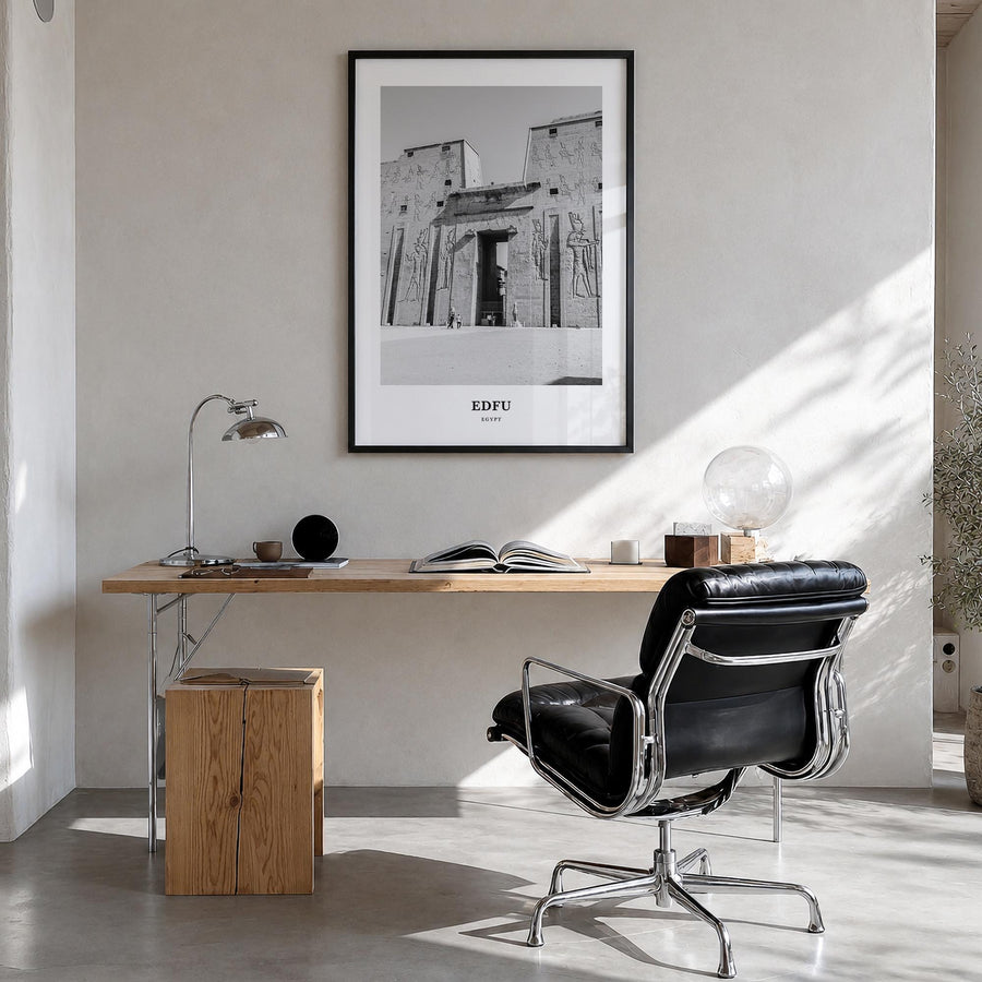 Edfu black & white classic poster of Egypt – vertical wall art in black wood frame, hanging on wall