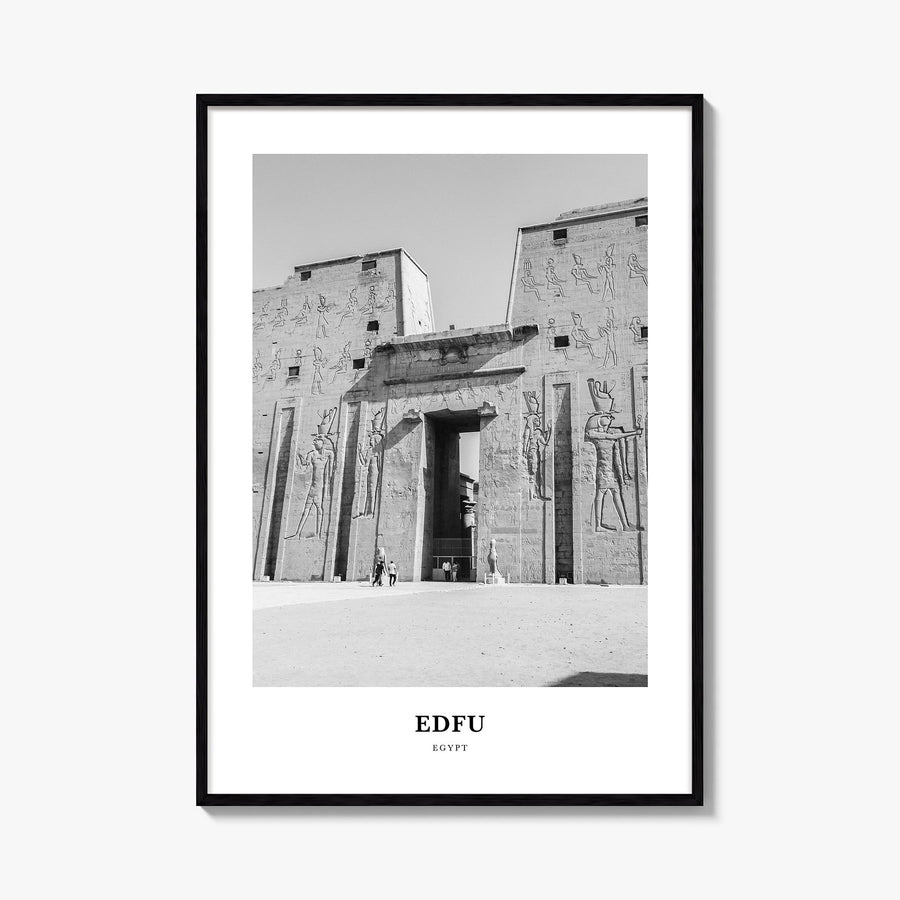 Edfu black & white classic poster of Egypt – vertical wall art, unframed print shown in interior mockup