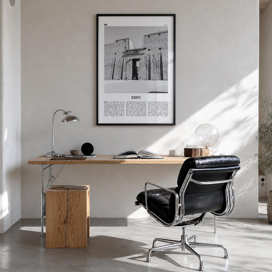 Edfu black & white newspaper poster of Egypt – vertical wall art in black wood frame, hanging on wall