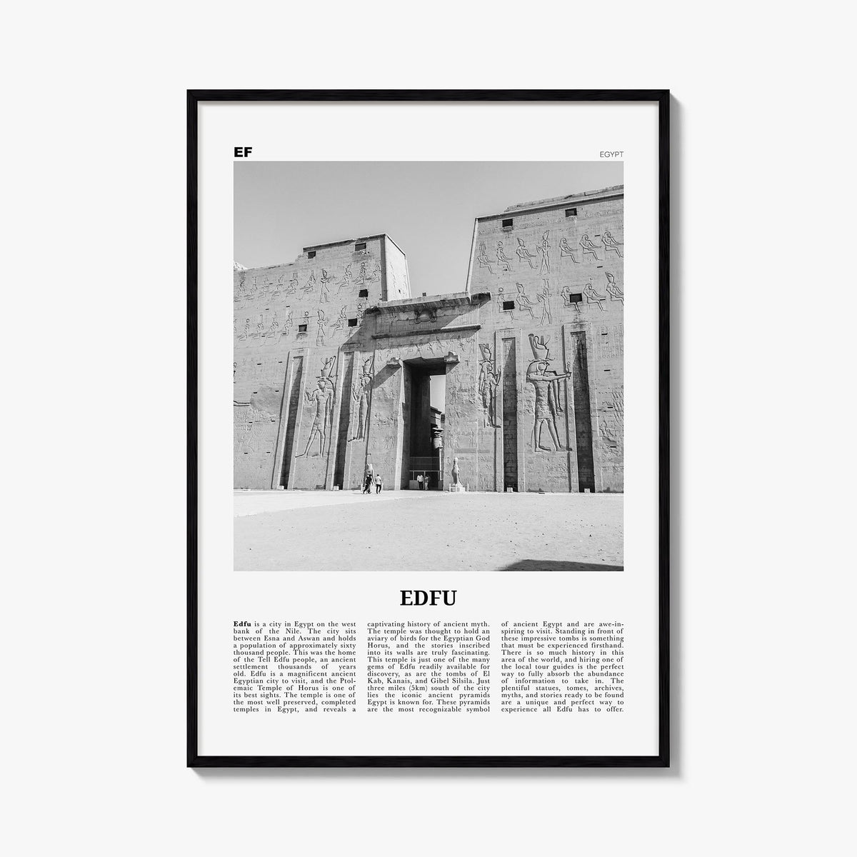 Edfu black & white newspaper poster of Egypt – vertical wall art, unframed print shown in interior mockup