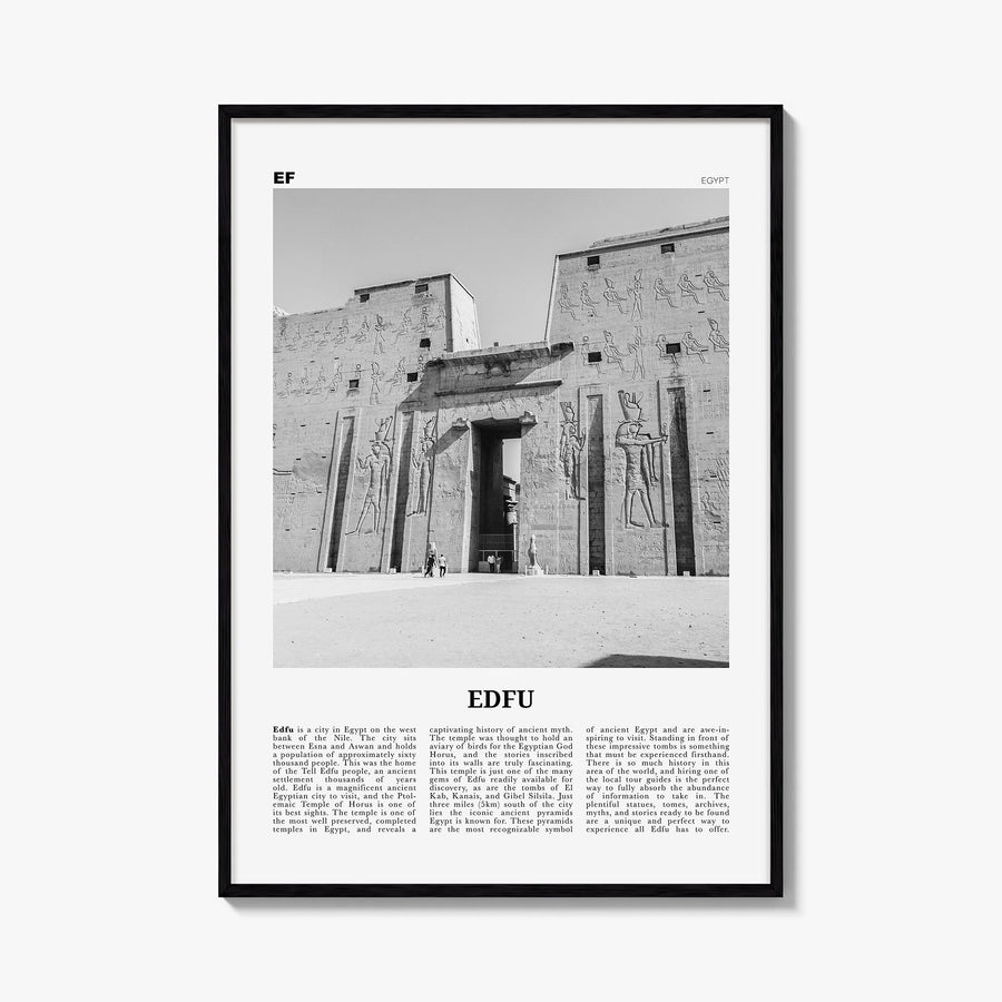 Edfu black & white newspaper poster of Egypt – vertical wall art, unframed print shown in interior mockup