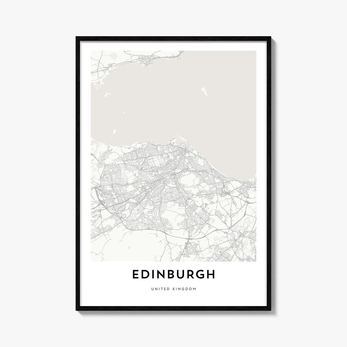 Edinburgh black & white map poster of Scotland, UK – vertical wall art, unframed print shown in interior mockup