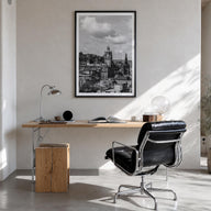 Edinburgh black & white photo poster of Scotland, UK – vertical wall art in black wood frame with white border, hanging on wa