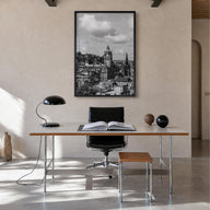 Edinburgh black & white photo poster of Scotland, UK – vertical wall art in black wood frame, hanging on wall