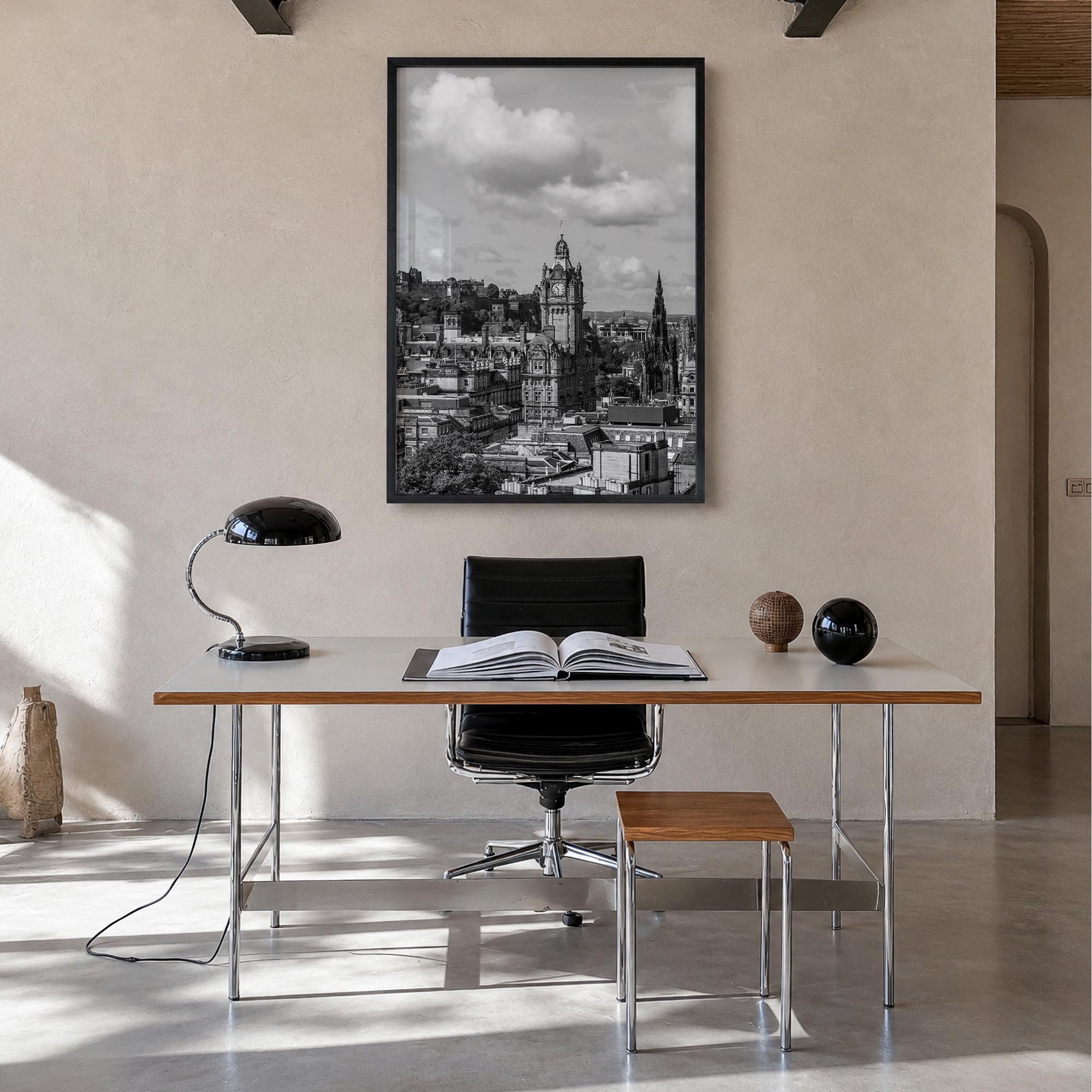 Edinburgh black & white photo poster of Scotland, UK – vertical wall art in black wood frame, hanging on wall