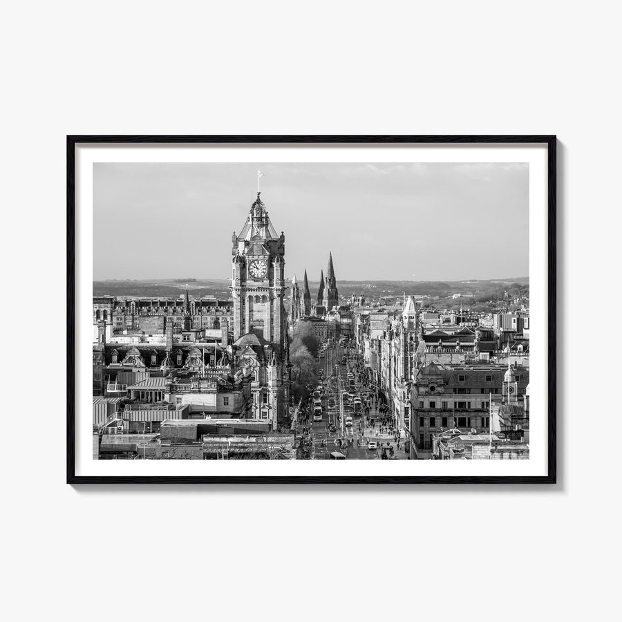 Edinburgh black & white photo poster of Scotland, UK – horizontal wall art, unframed print shown in interior mockup