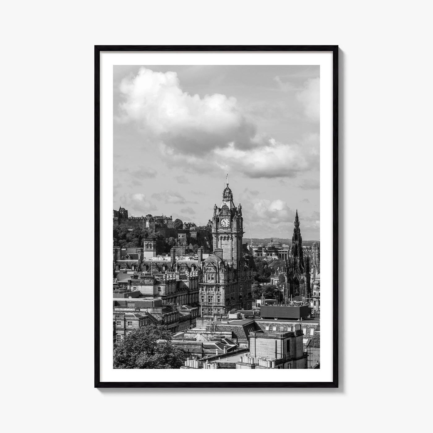 Edinburgh black & white photo poster of Scotland, UK – vertical wall art, unframed print shown in interior mockup