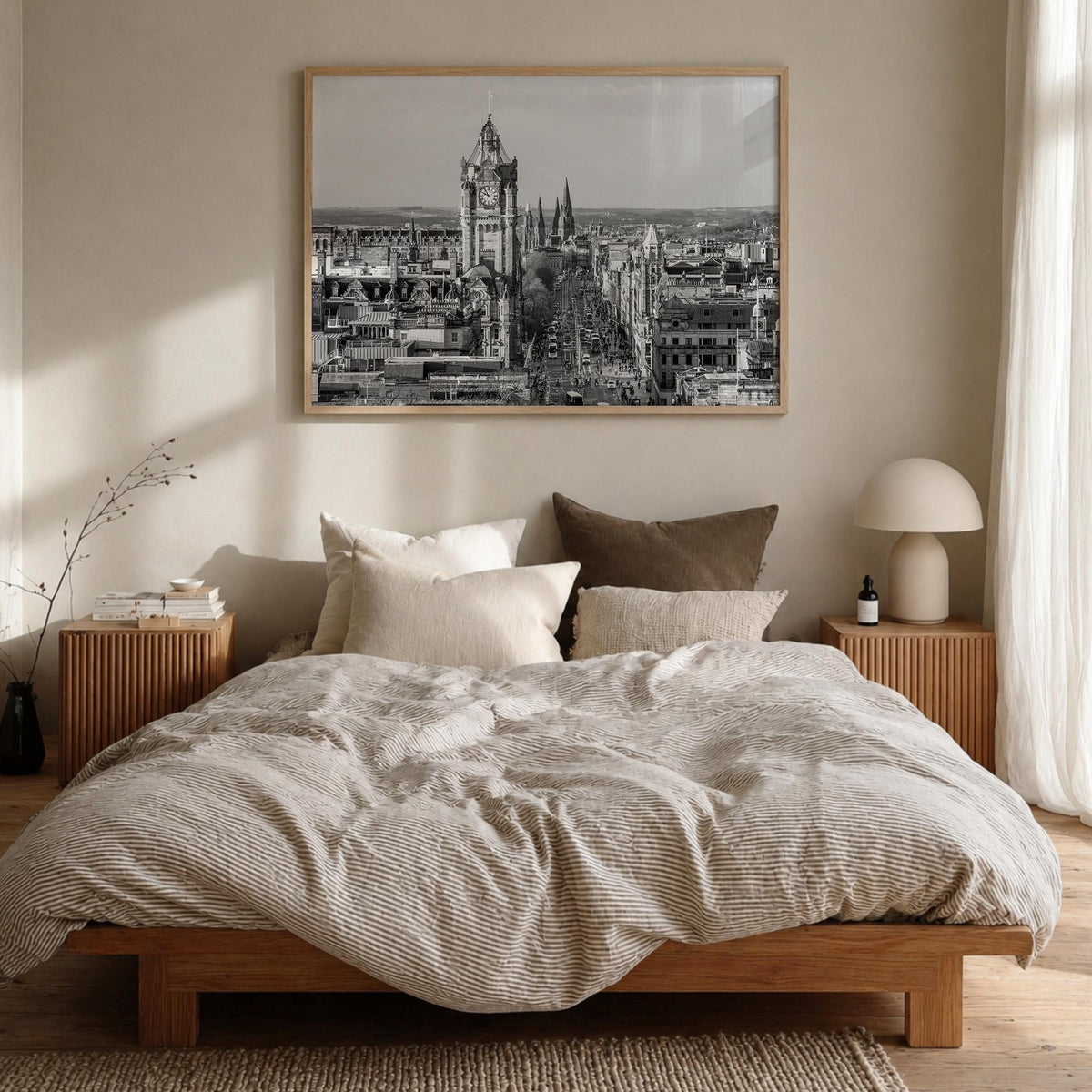 Edinburgh black & white photo poster of Scotland, UK – horizontal wall art in natural wood frame, hanging on wall