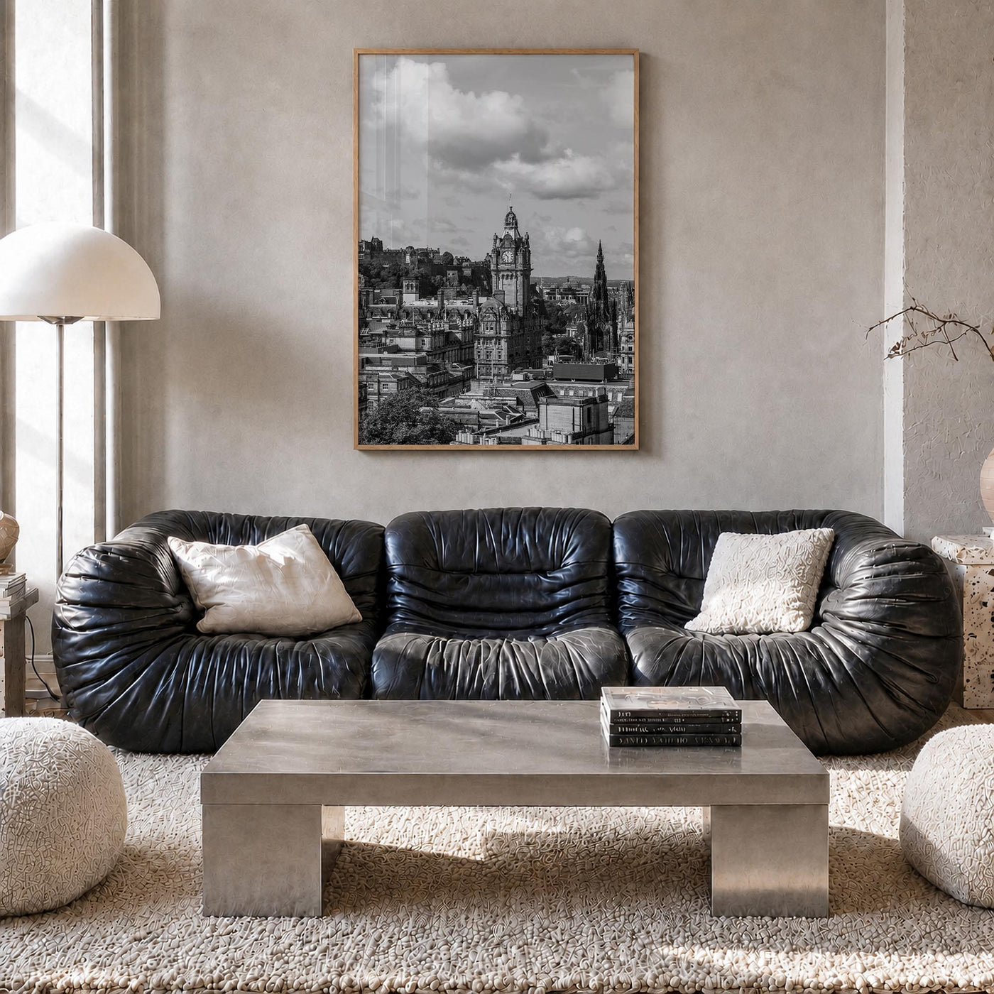 Edinburgh black & white photo poster of Scotland, UK – vertical wall art in natural wood frame, hanging on wall