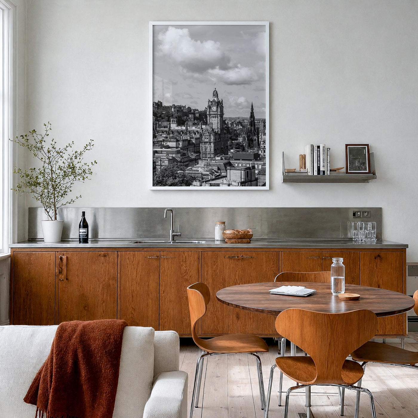 Edinburgh black & white photo poster of Scotland, UK – vertical wall art in white wood frame, hanging on wall