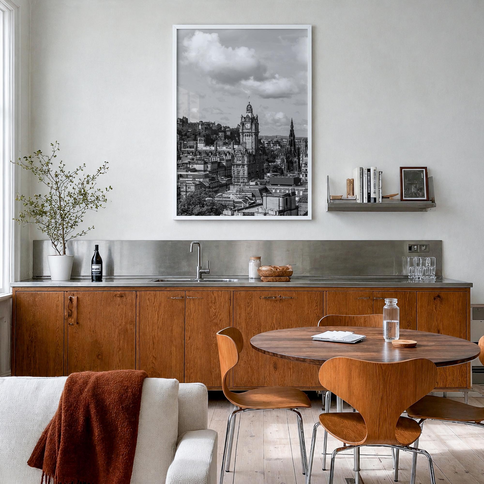 Edinburgh black & white photo poster of Scotland, UK – vertical wall art in white wood frame, hanging on wall