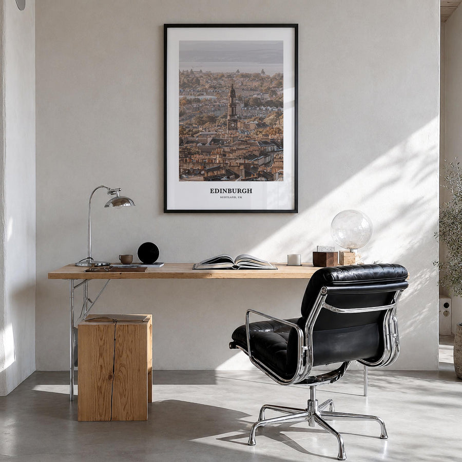 Edinburgh colorful classic poster of Scotland, UK – vertical wall art in black wood frame, hanging on wall
