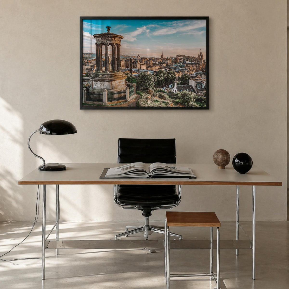 Edinburgh colorful photo poster of Scotland, UK – horizontal wall art in black wood frame, hanging on wall