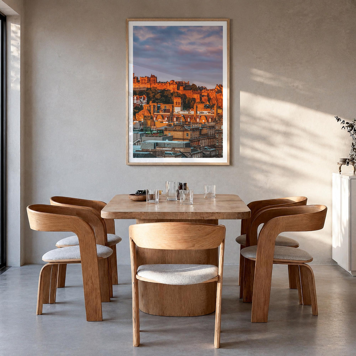 Edinburgh colorful photo poster of Scotland, UK – vertical wall art in natural wood frame with white border, hanging on wall
