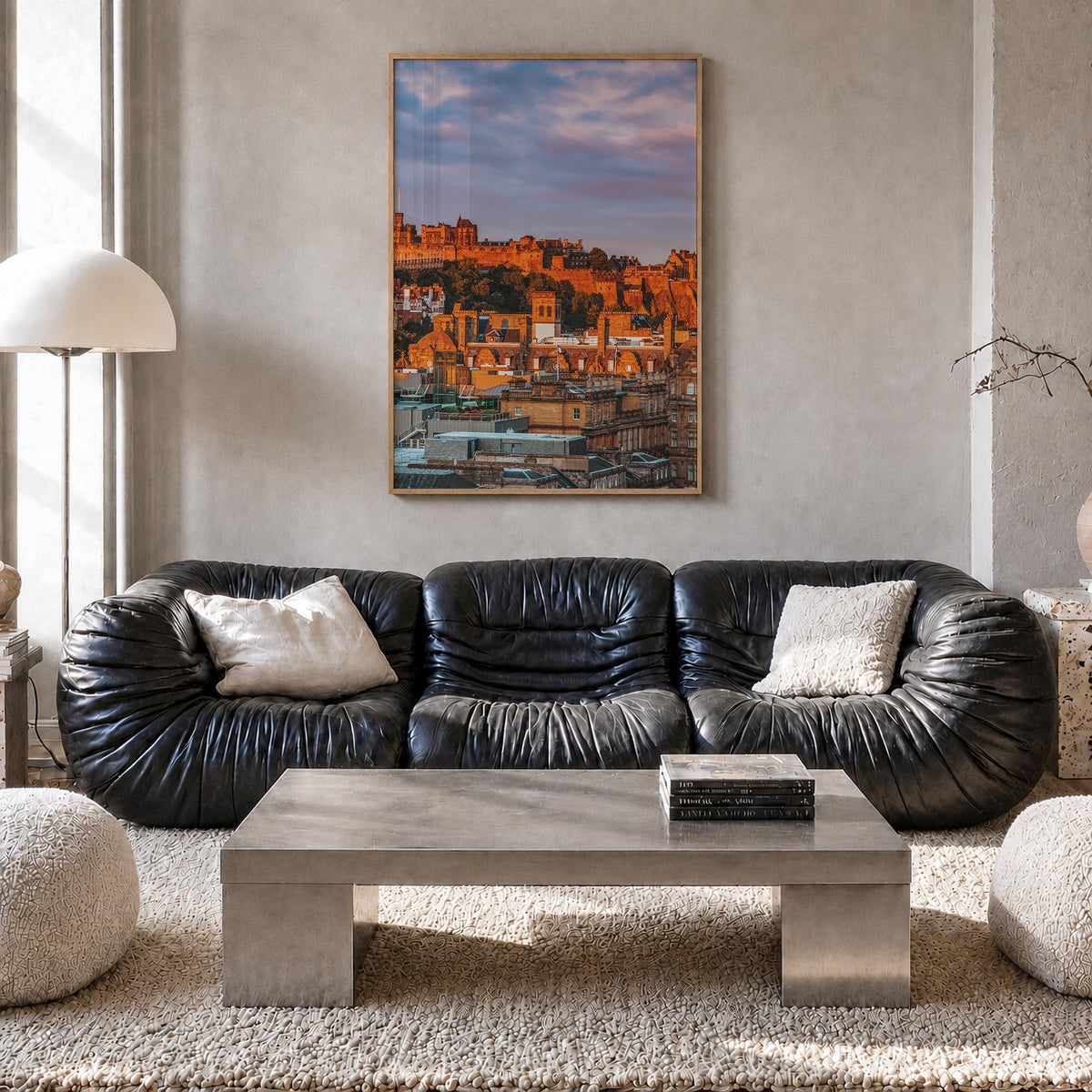 Edinburgh colorful photo poster of Scotland, UK – vertical wall art in natural wood frame, hanging on wall