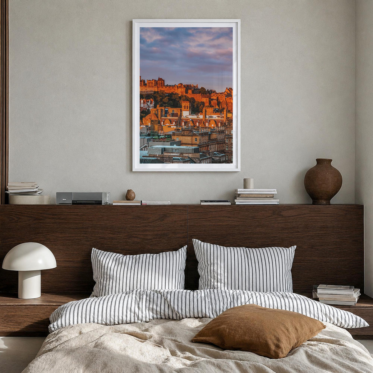 Edinburgh colorful photo poster of Scotland, UK – vertical wall art in white wood frame with white border, hanging on wall