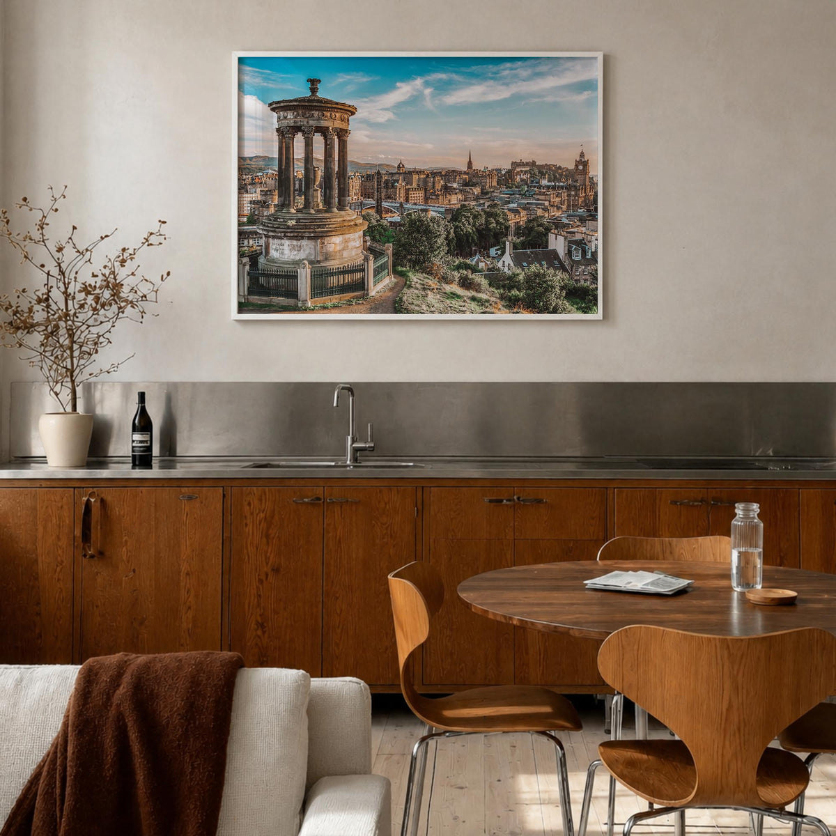 Edinburgh colorful photo poster of Scotland, UK – horizontal wall art in white wood frame, hanging on wall