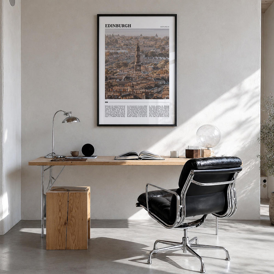 Edinburgh colorful travel poster of Scotland, UK – vertical wall art in black wood frame, hanging on wall