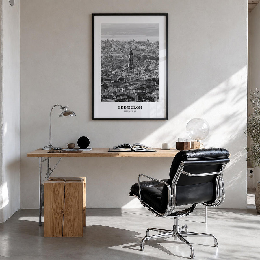 Edinburgh no. 1 black & white classic poster of Scotland, UK – vertical wall art in black wood frame, hanging on wall