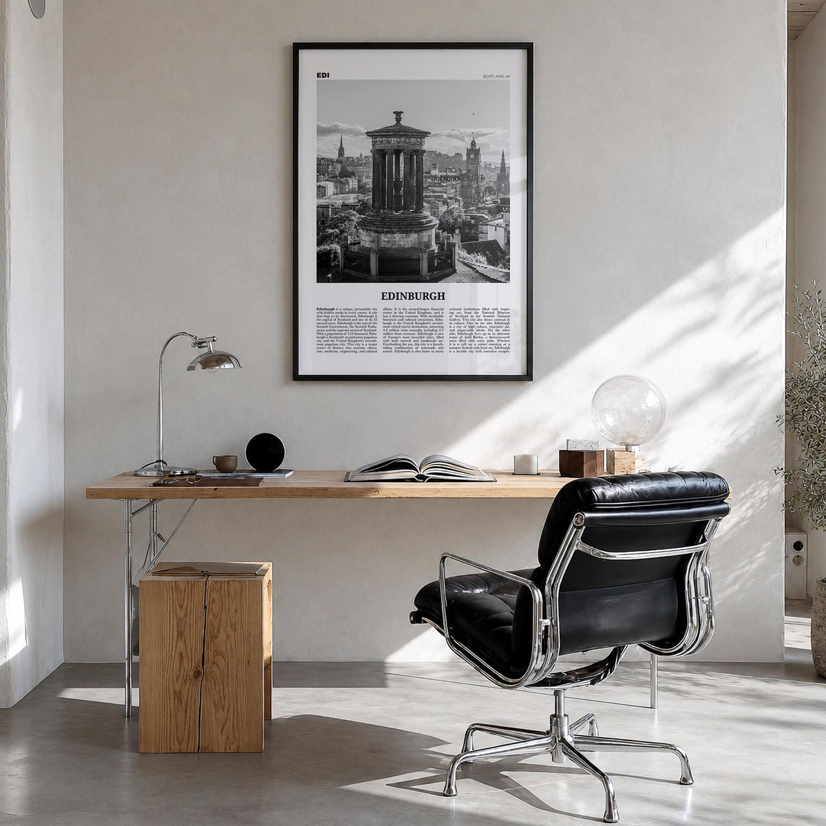 Edinburgh no. 1 black & white newspaper poster of Scotland, UK – vertical wall art in black wood frame, hanging on wall