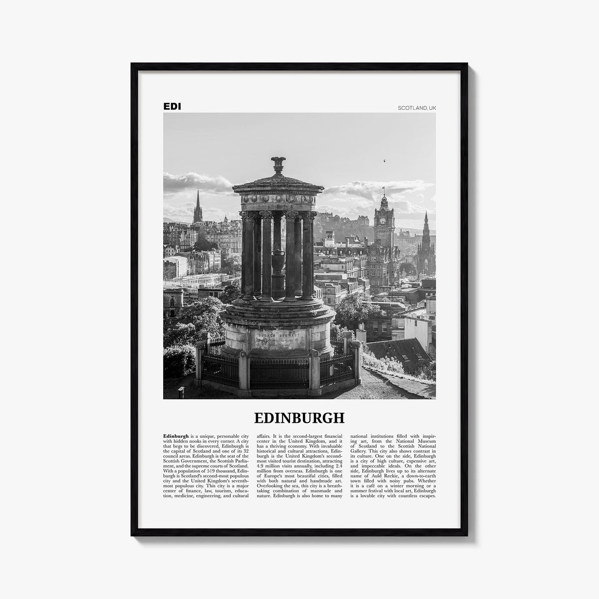 Edinburgh no. 1 black & white newspaper poster of Scotland, UK – vertical wall art, unframed print shown in interior mockup