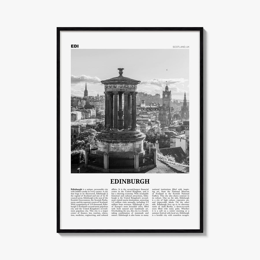 Edinburgh no. 1 black & white newspaper poster of Scotland, UK – vertical wall art, unframed print shown in interior mockup