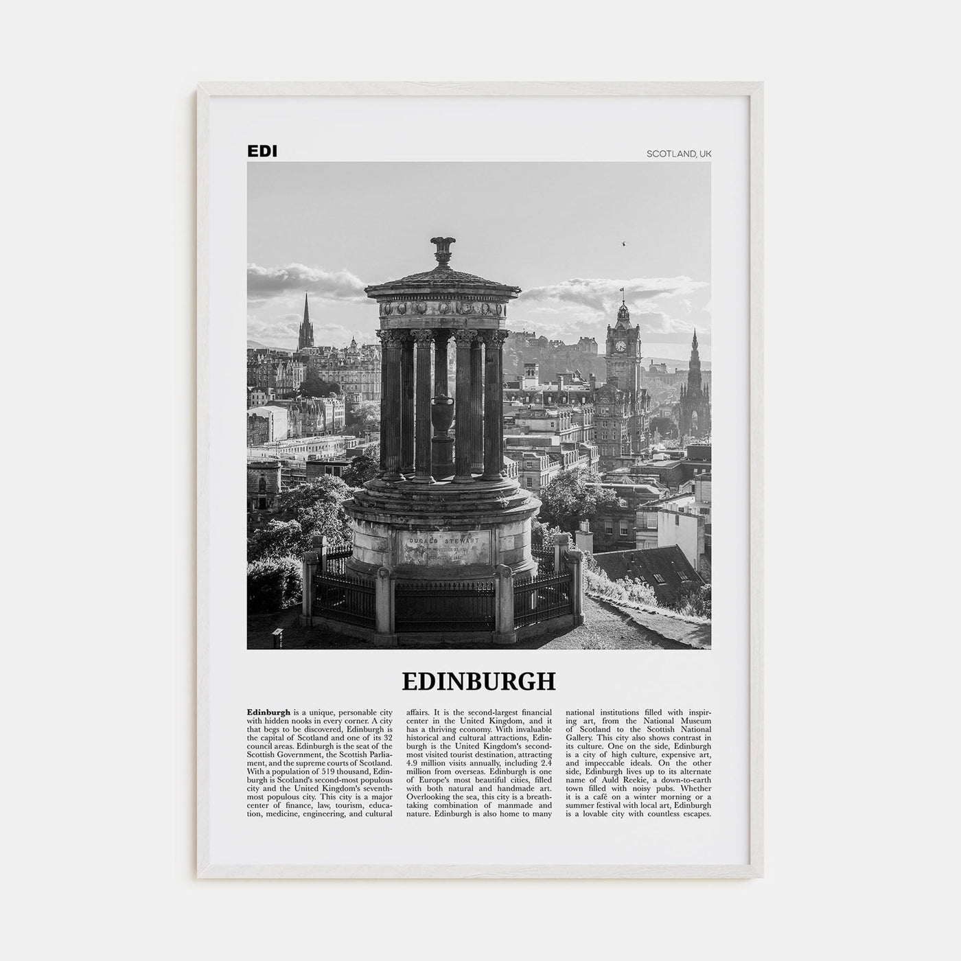 Edinburgh No 1 Poster White Wood / 8x12 in Nbourhood Travel B&W Poster