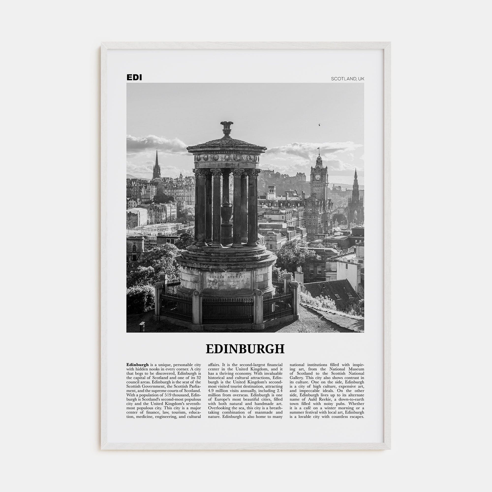 Edinburgh No 1 Poster White Wood / 8x12 in Nbourhood Travel B&W Poster