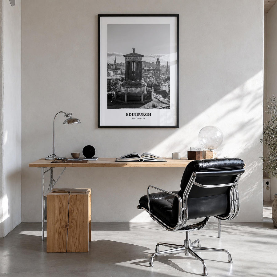 Edinburgh no. 2 black & white classic poster of Scotland, UK – vertical wall art in black wood frame, hanging on wall