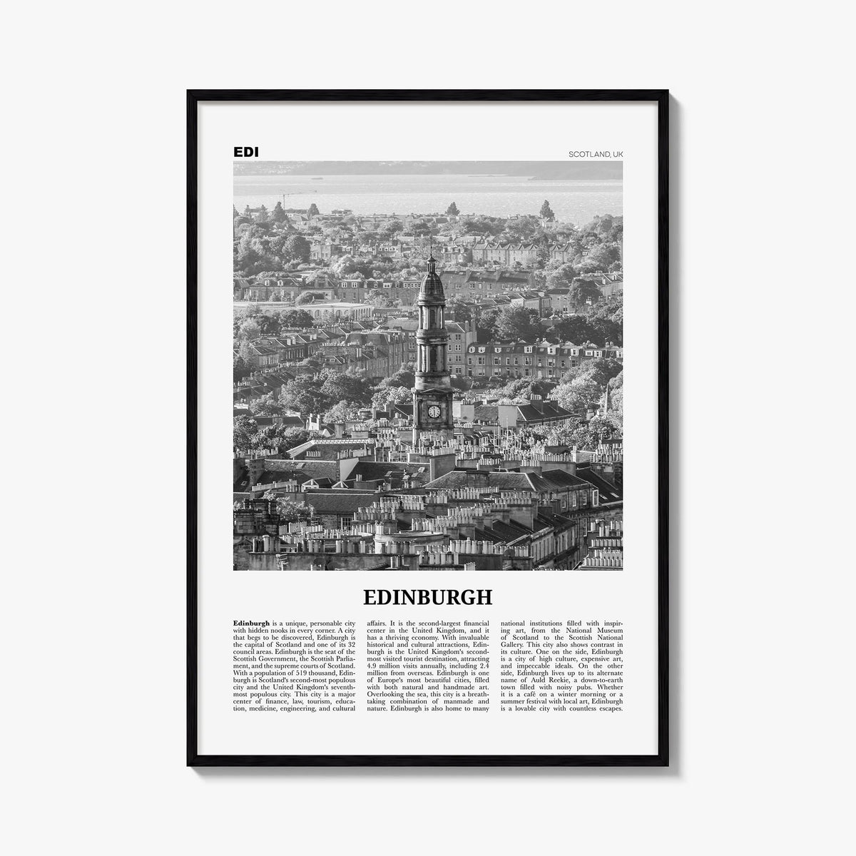 Edinburgh no. 2 black & white newspaper poster of Scotland, UK – vertical wall art, unframed print shown in interior mockup