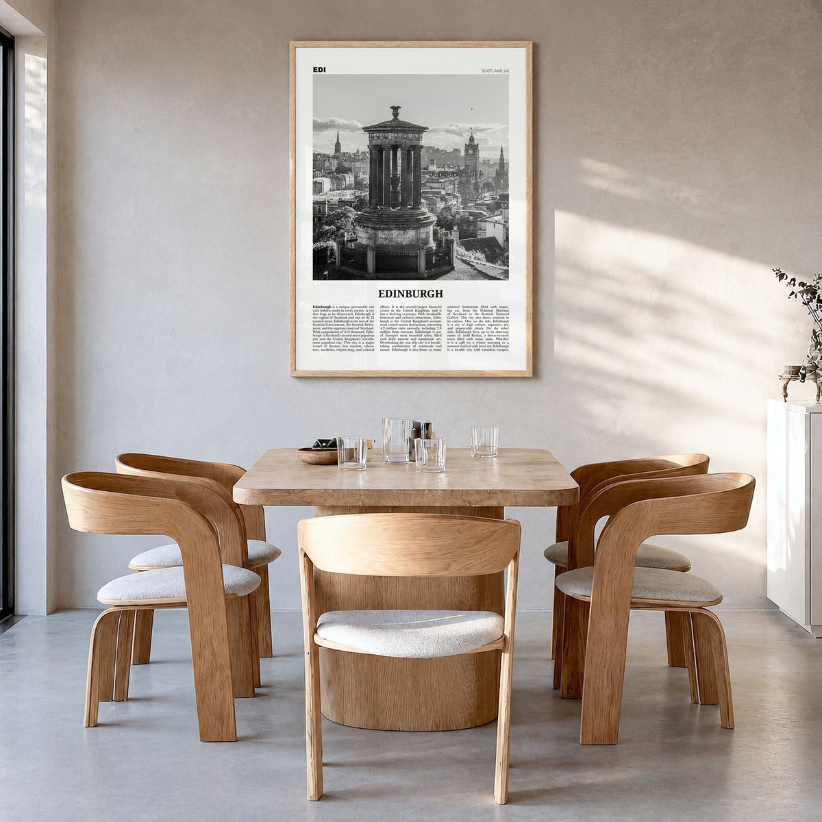 Edinburgh Newspaper No 1 Poster in a natural wood frame, hanging in a dining room