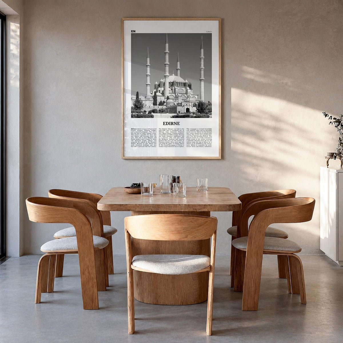Edirne black & white newspaper poster of Türkiye – vertical wall art in natural wood frame, hanging on wall