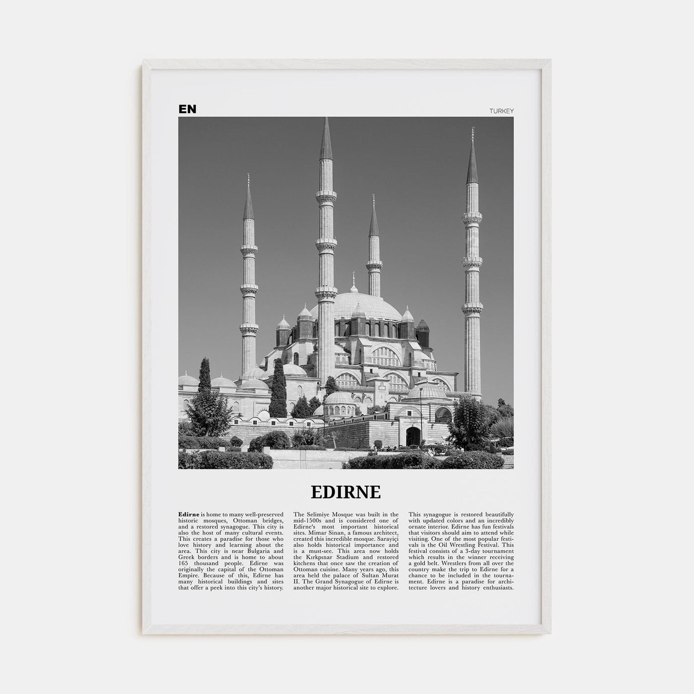 Edirne Poster White Wood / 8x12 in Nbourhood Travel B&W Poster