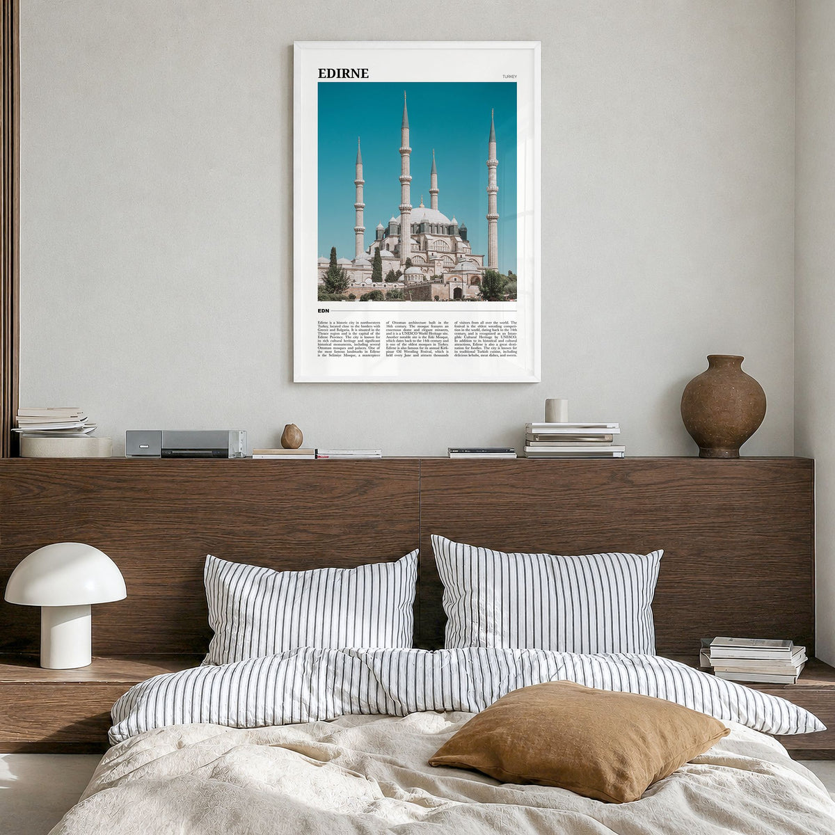 Edirne Travel Poster in a white wood frame, hanging in a bedroom