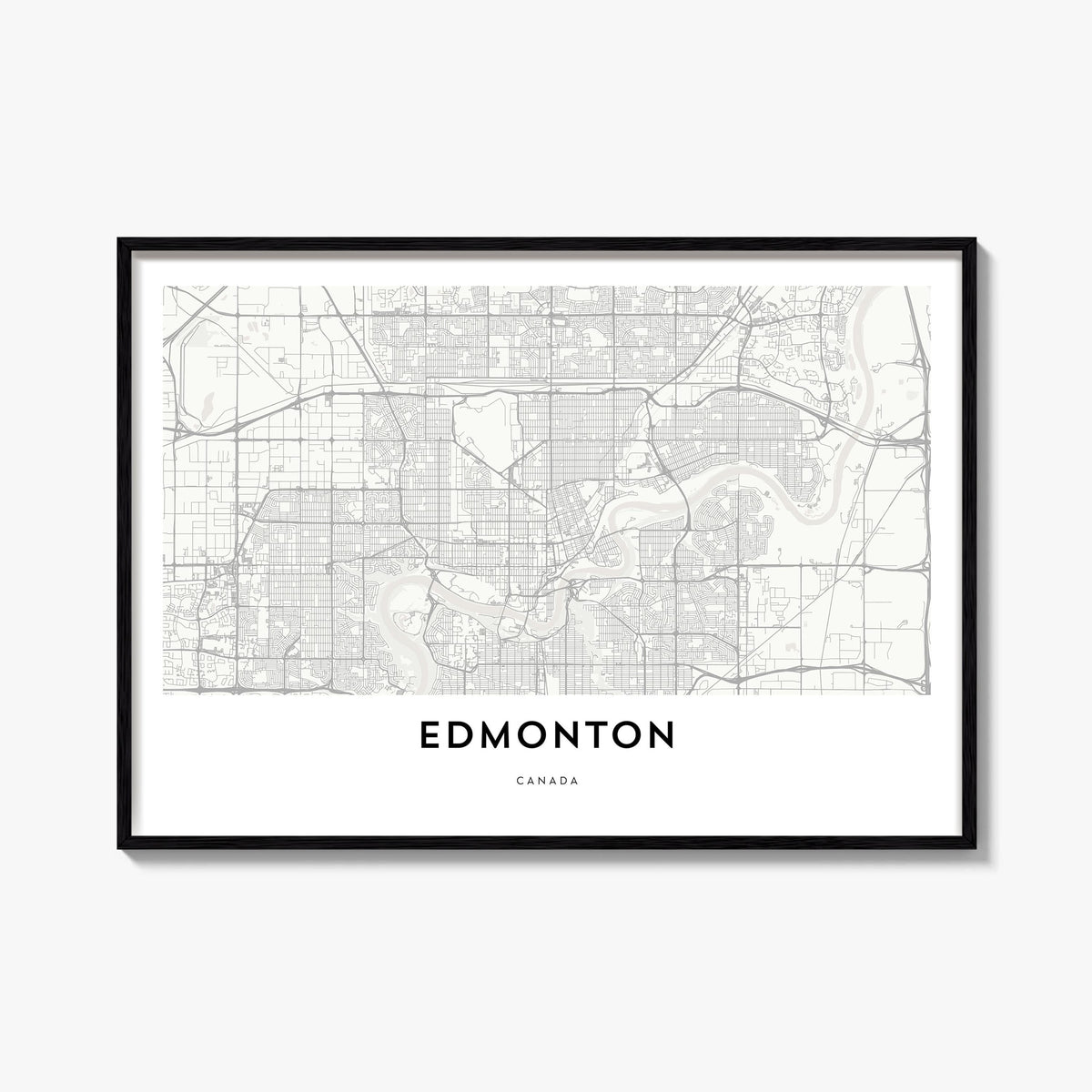 Edmonton black & white map poster of Alberta, Canada – horizontal wall art, unframed print shown in interior mockup