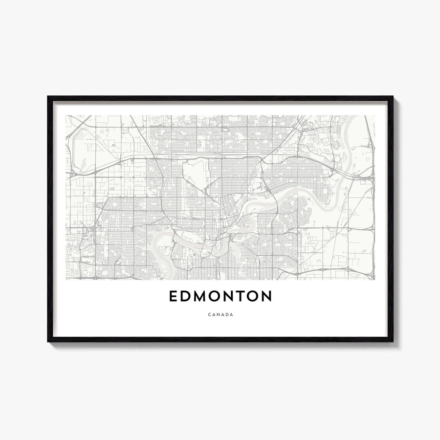 Edmonton black & white map poster of Alberta, Canada – horizontal wall art, unframed print shown in interior mockup