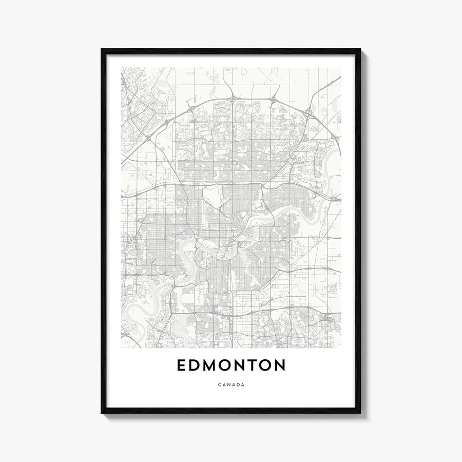 Edmonton black & white map poster of Alberta, Canada – vertical wall art, unframed print shown in interior mockup