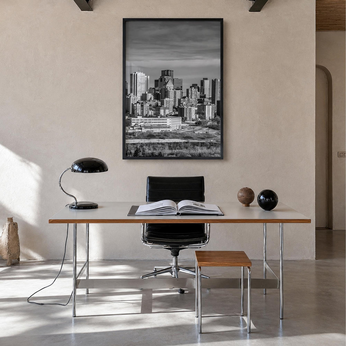 Edmonton black & white photo poster of Alberta, Canada – vertical wall art in black wood frame, hanging on wall