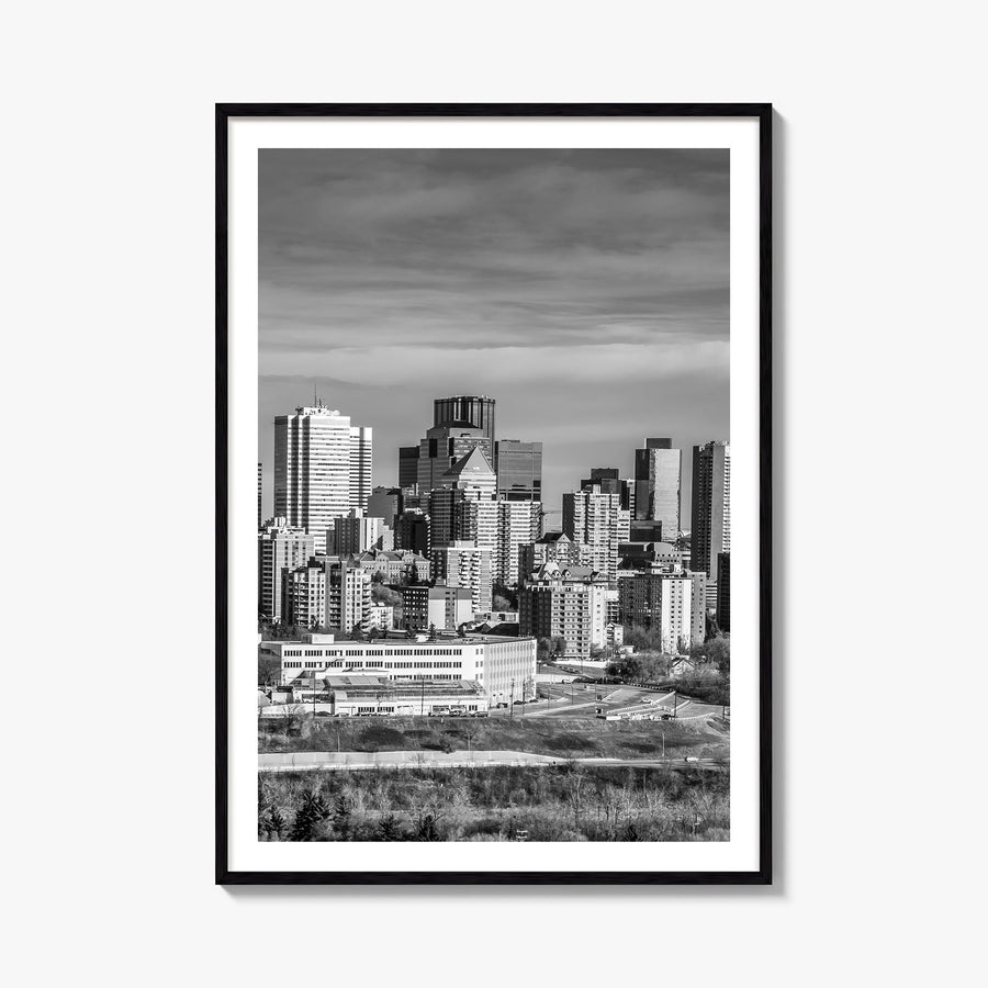 Edmonton black & white photo poster of Alberta, Canada – vertical wall art, unframed print shown in interior mockup