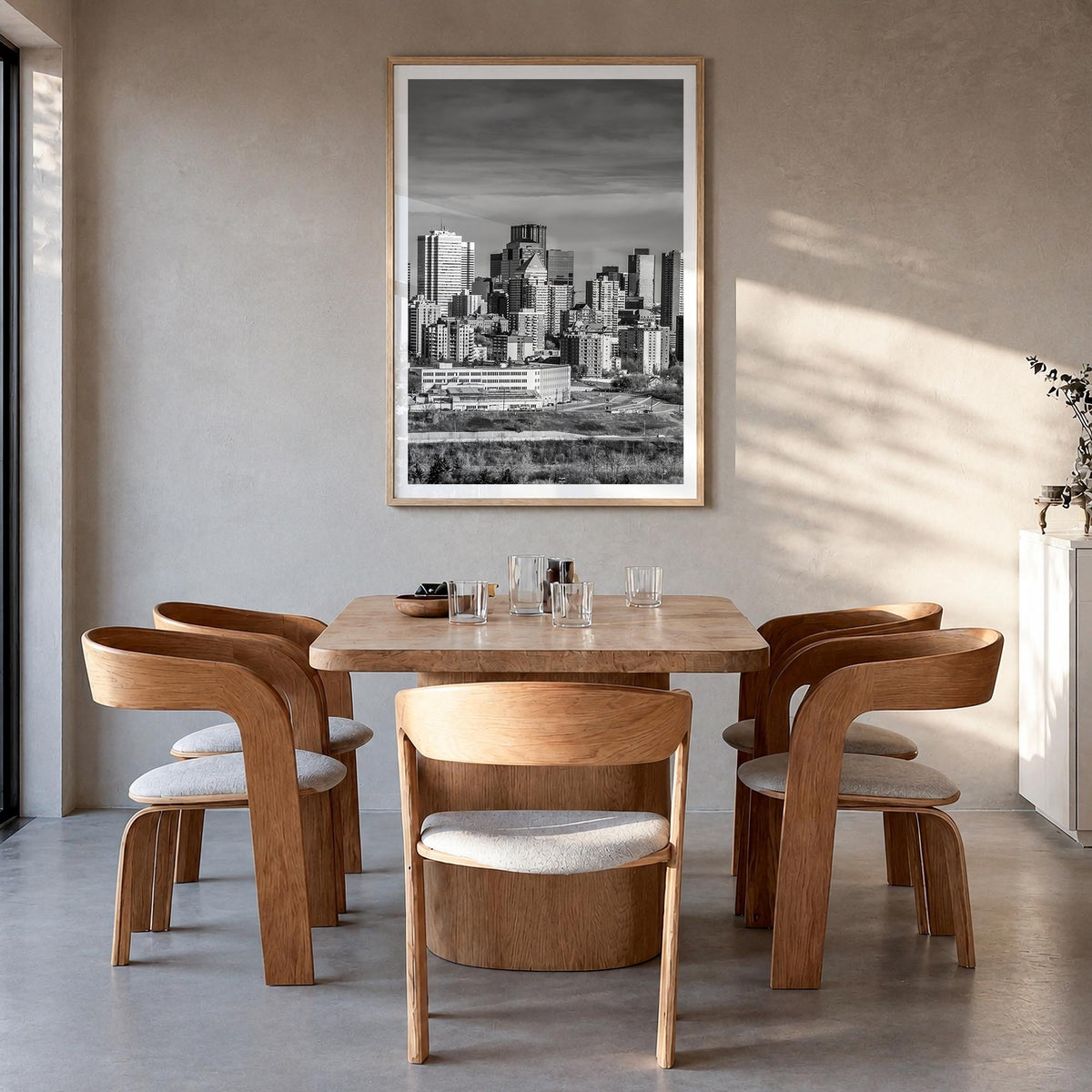 Edmonton black & white photo poster of Alberta, Canada – vertical wall art in natural wood frame with white border, hanging o