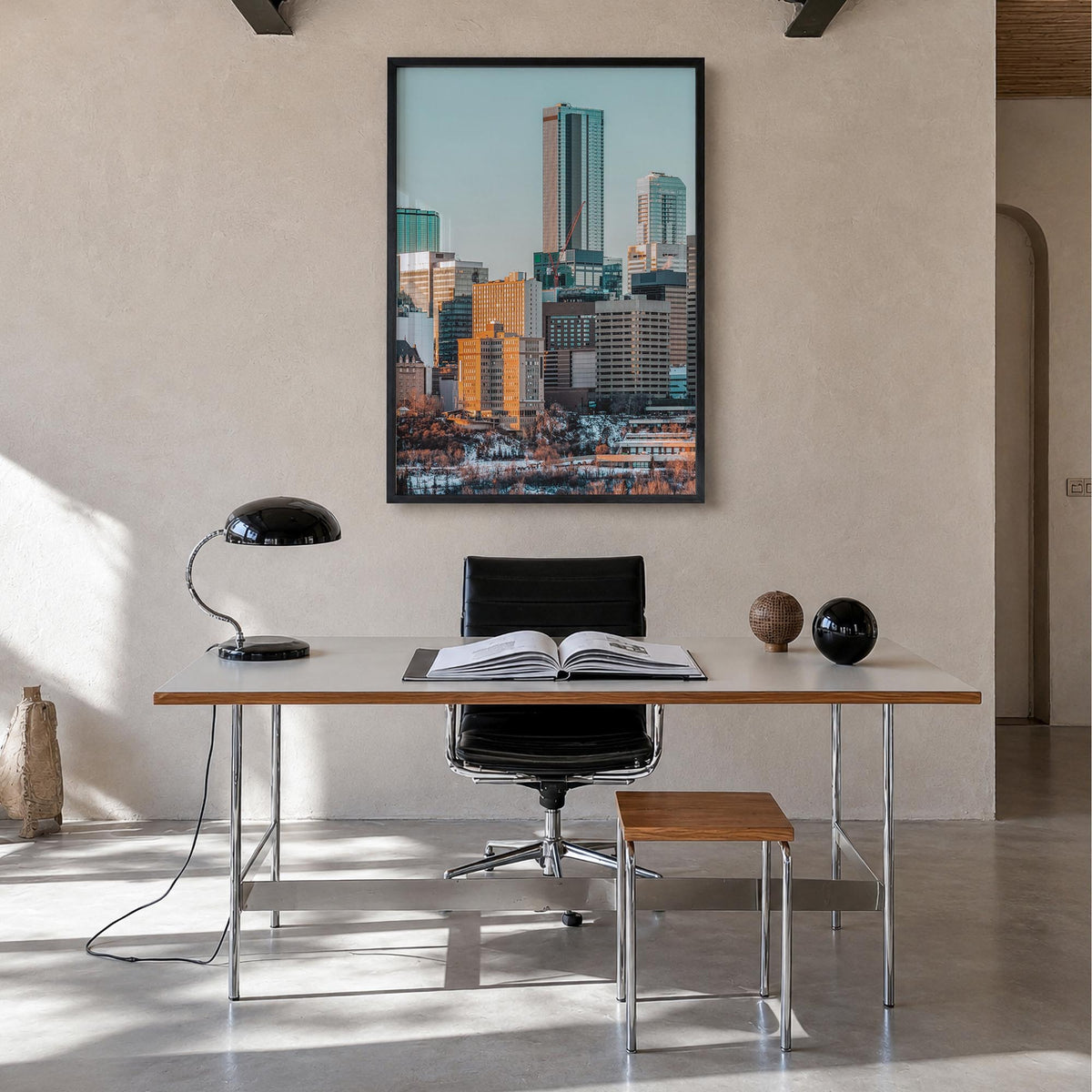 Edmonton colorful photo poster of Alberta, Canada – vertical wall art in black wood frame, hanging on wall