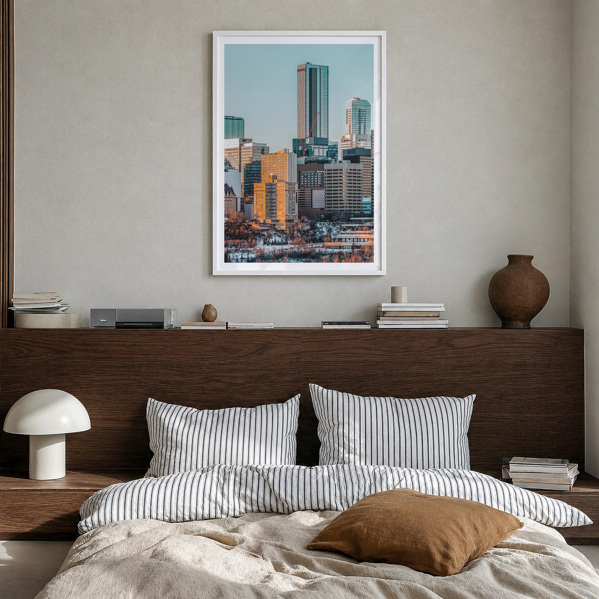 Edmonton colorful photo poster of Alberta, Canada – vertical wall art in white wood frame with white border, hanging on wall