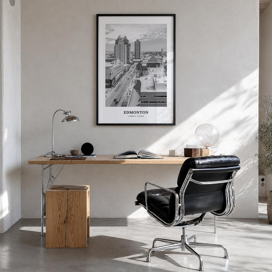 Edmonton no. 1 black & white classic poster of Alberta, Canada – vertical wall art in black wood frame, hanging on wall