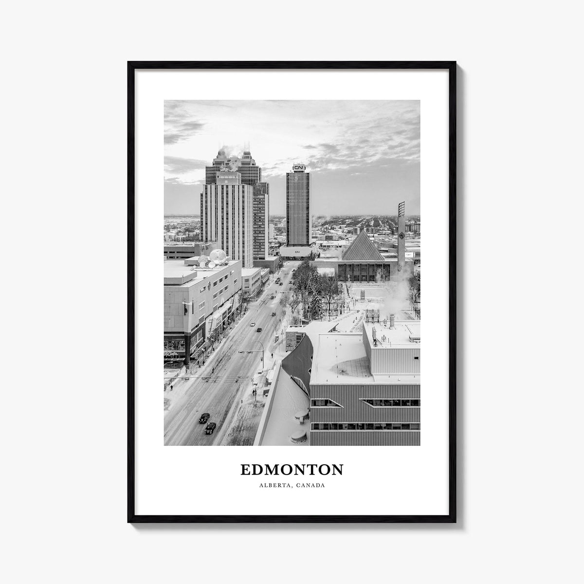 Edmonton no. 1 black & white classic poster of Alberta, Canada – vertical wall art, unframed print shown in interior mockup
