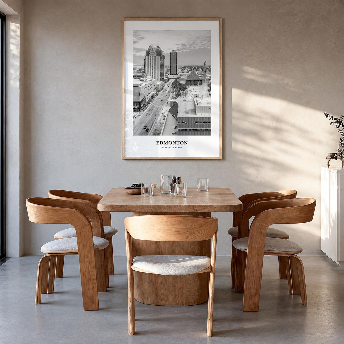 Edmonton no. 1 black & white classic poster of Alberta, Canada – vertical wall art in natural wood frame, hanging on wall